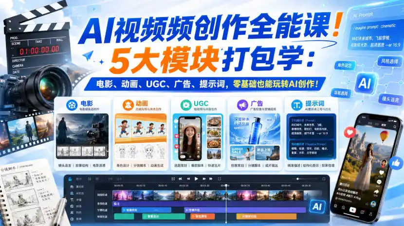 AI视频频创作全能课！5大模块打包学：电影、动画、UGC、广告、提示词，零基础也能玩转AI创作！【原创双语字幕】-星云网创