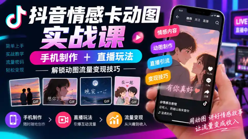 抖音情感卡动图实战课｜手机制作+直播玩法，解锁动图流量变现技巧-星云网创