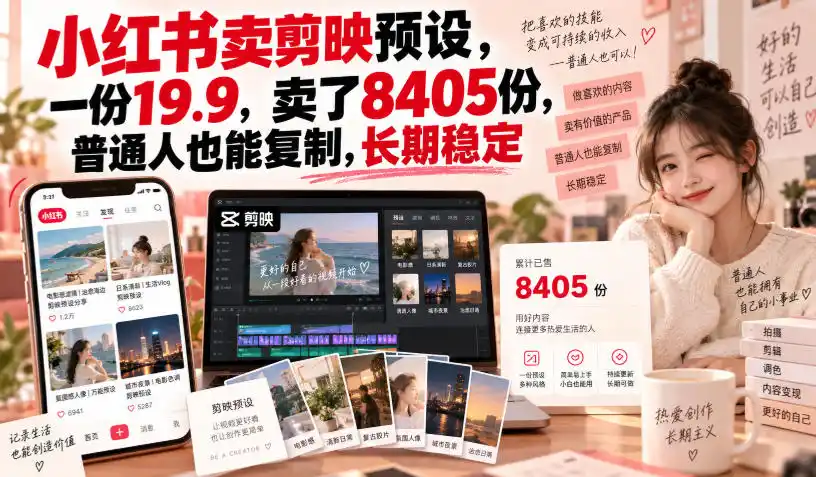 小红书卖剪映预设，一份19.9，卖了8405份，普通人也能复制，长期稳定-星云网创