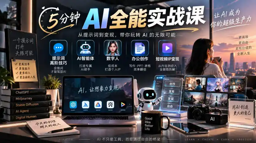 5分钟AI全能实战课｜提示词高阶技巧+AI智能体+数字人+办公创作+短视频IP变现全教程-星云网创