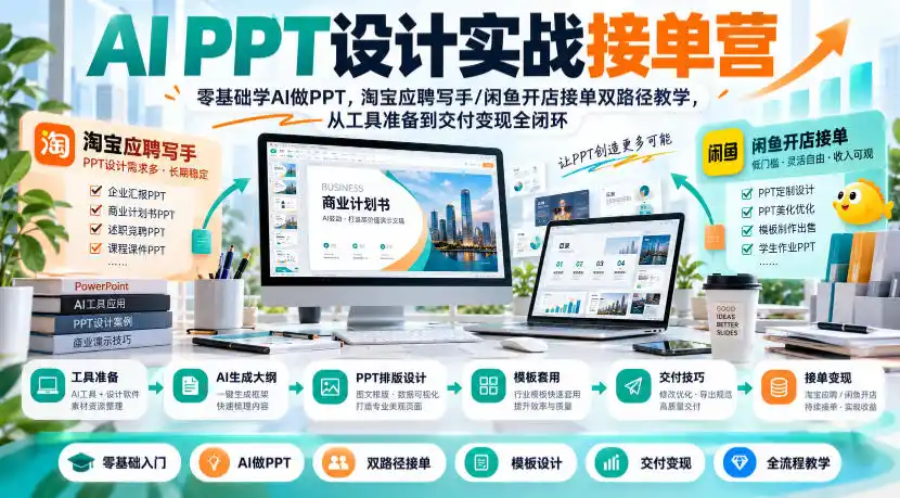 AI PPT设计实战接单营｜零基础学AI做PPT，淘宝应聘写手/闲鱼开店接单双路径教学，从工具准备到交付变现全闭环-星云网创