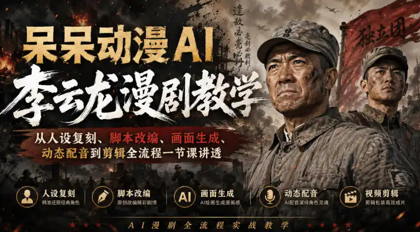 呆呆动漫AI李云龙漫剧教学，从人设复刻、脚本改编、画面生成、动态配音到剪辑全流程一节课讲透-星云网创
