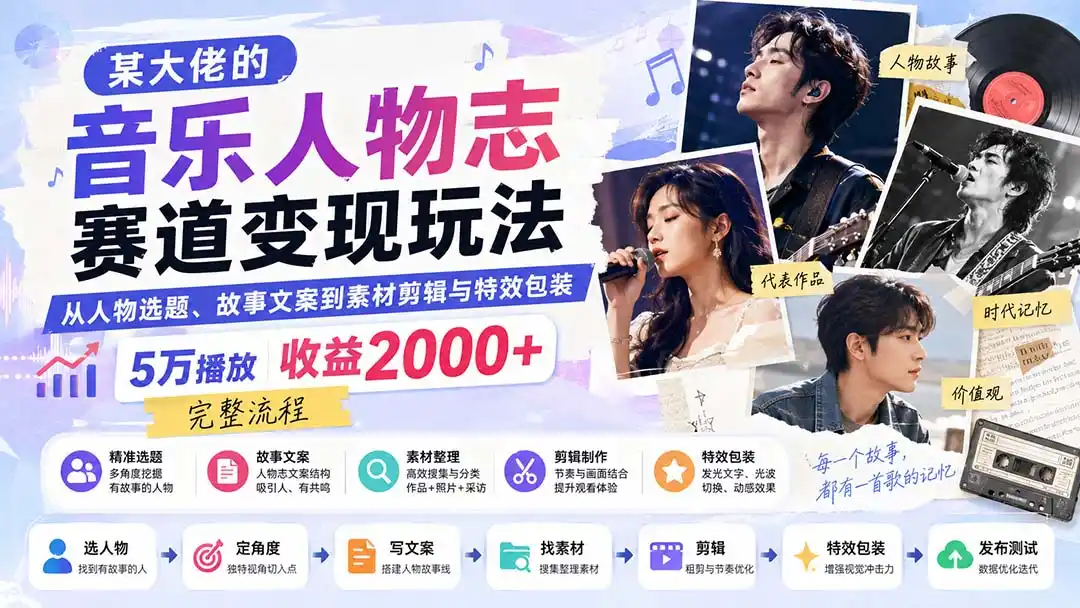 某大佬的音乐人物志赛道变现玩法：从人物选题、故事文案到素材剪辑与特效包装，5万播放收益2000+完整流程-星云网创