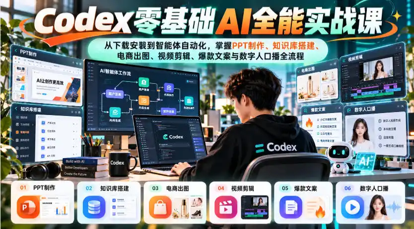 Codex零基础AI全能实战课：从下载安装到智能体自动化，掌握知识库搭建、电商出图、视频剪辑、爆款文案与数字人口播全流程-星云网创