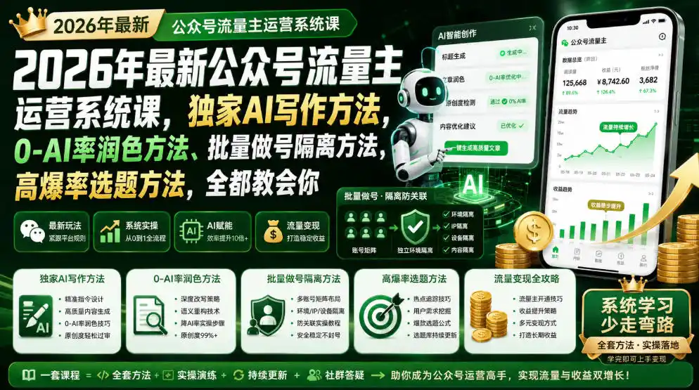 2026年最新公众号流量主运营系统课,独家AI写作方法,0-AI率润色方法、批量做号隔离方法、高爆率选题方法,全都教会你(更新1009)-星云网创