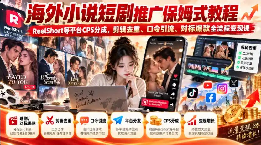 海外小说短剧推广保姆式教程｜ReelShort等平台CPS分成，剪辑去重、口令引流、对标爆款全流程变现课-星云网创