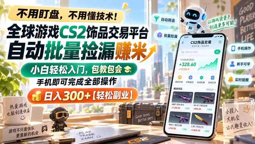 全球游戏CS2饰品交易平台自动批量捡漏赚米，小白轻松入门，包教包会，手机即可完成全部操作，日入300+【轻松副业】-星云网创