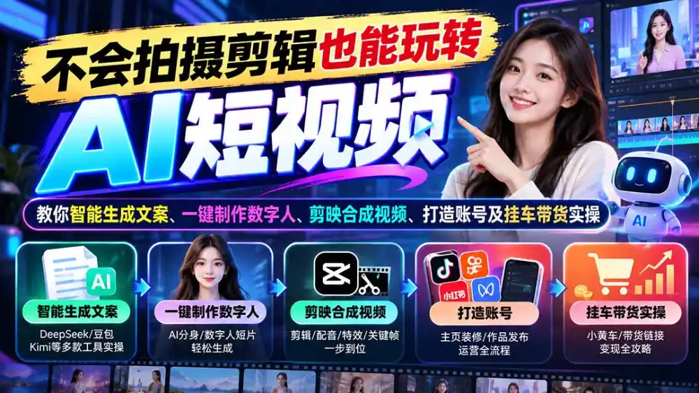 不会拍摄剪辑也能玩转AI短视频：教你智能生成文案、一键制作数字人、剪映合成视频、打造账号及挂车带货实操-星云网创