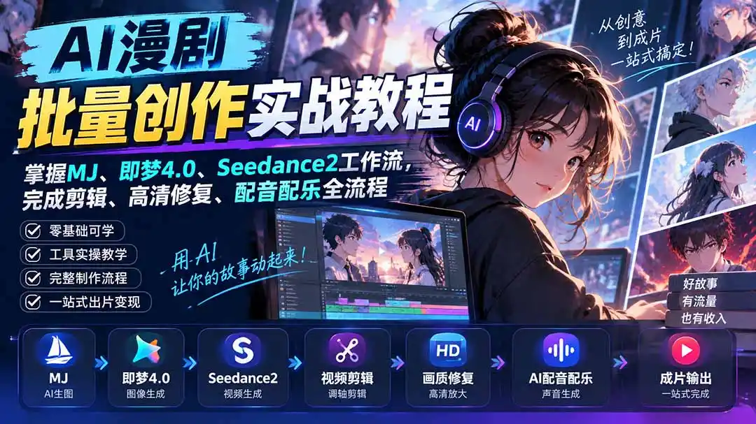 AI漫剧批量创作实战教程：掌握MJ、即梦4.0、Seedance2工作流，完成剪辑、高清修复、配音配乐全流程-星云网创