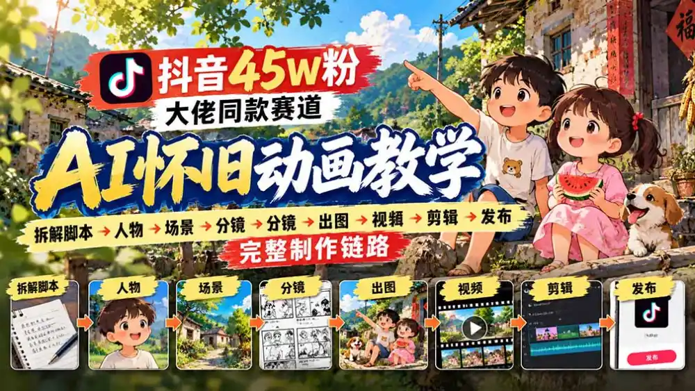 抖音45W粉大佬同款赛道AI怀旧动画教学:拆解脚本→人物→场景→分镜→出图→视频→剪辑→发布完整制作链路-星云网创