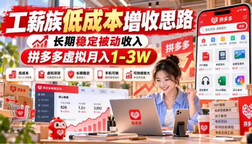 工薪族低成本增收思路，长期稳定被动收入，拼多多虚拟月入1-3W-星云网创