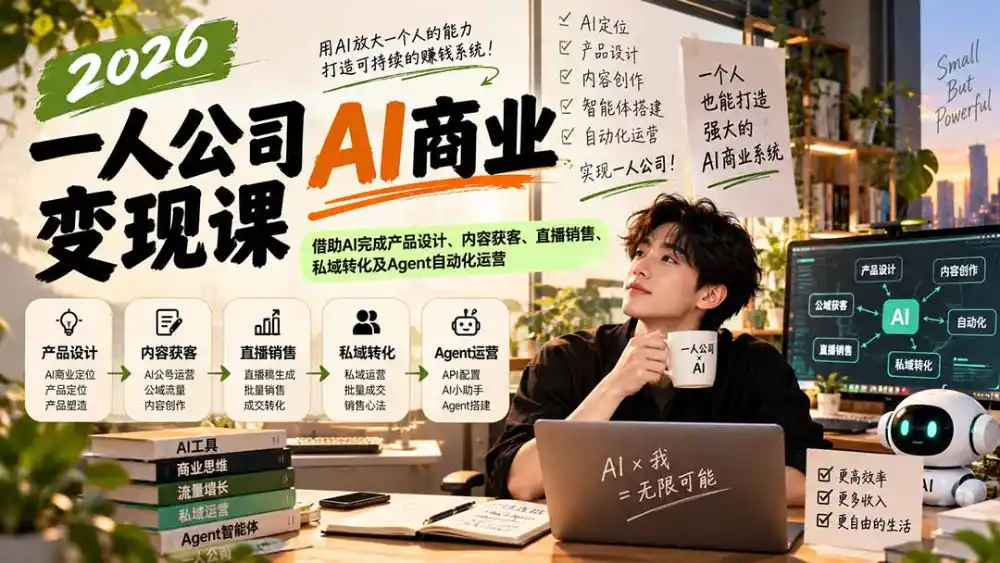 2026一人公司AI商业变现课：借助AI完成产品设计、内容获客、直播销售、私域转化及Agent自动化运营-星云网创