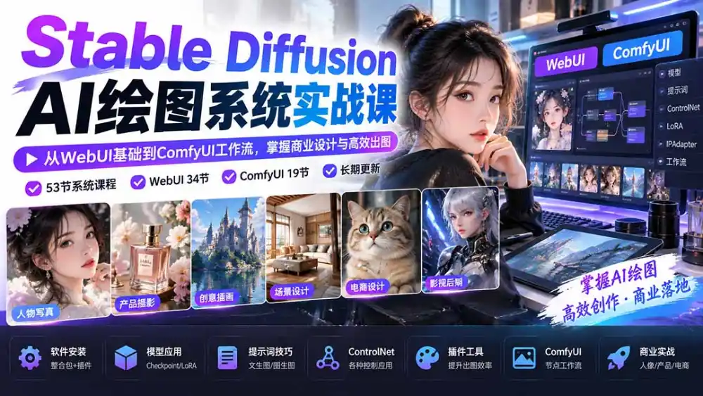 【无水印】Stable Diffusion AI绘图系统实战课：从WebUI基础到ComfyUI工作流，掌握商业设计与高效出图-星云网创
