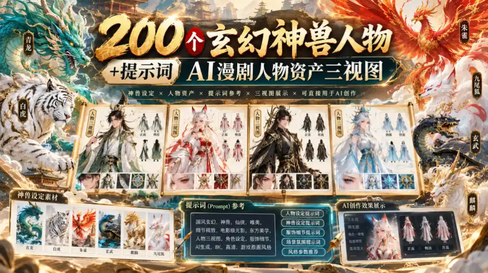 200个玄幻神兽人物+提示词ai漫剧人物资产三视图-星云网创