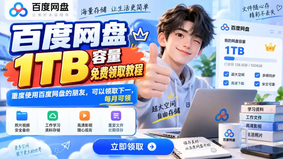 百度网盘1TB容量免费领取教程，重度使用百度网盘的朋友，可以领取下一，每月可领-星云网创