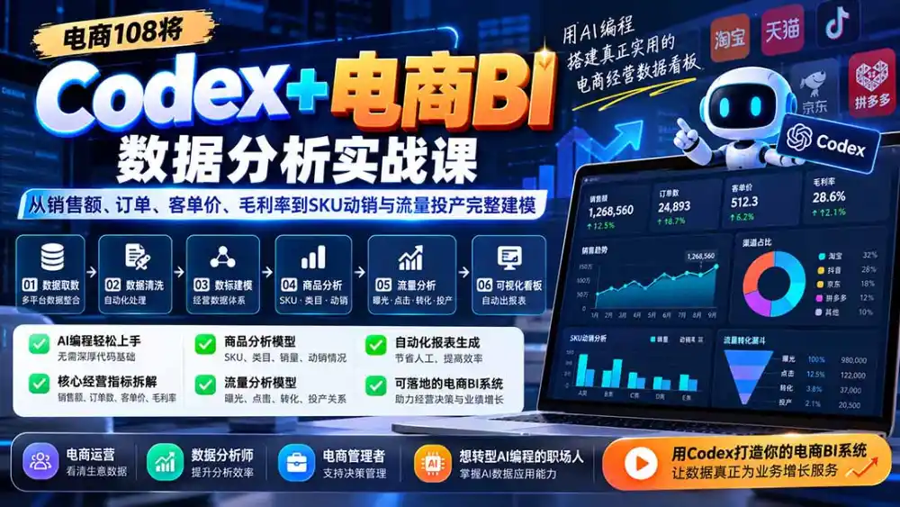 Codex+电商BI数据分析实战课-更新：从销售额、订单、客单价、毛利率到SKU动销与流量投产完整建模-星云网创