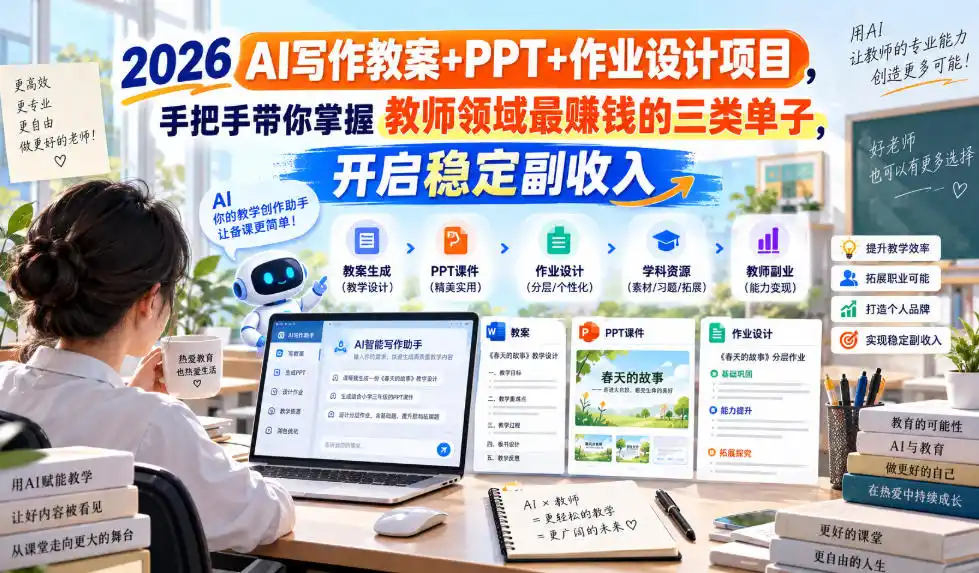2026 AI写作教案+PPT+作业设计项目，手把手带你掌握教师领域最賺钱的三类单子，开启稳定副收入-星云网创