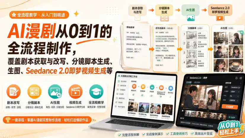 AI漫剧从0到1的全流程制作,覆盖剧本获取与改写、分镜脚本生成、角色场景生图与三视图、Seedance 2.0即梦视频生成(PDF版)-星云网创