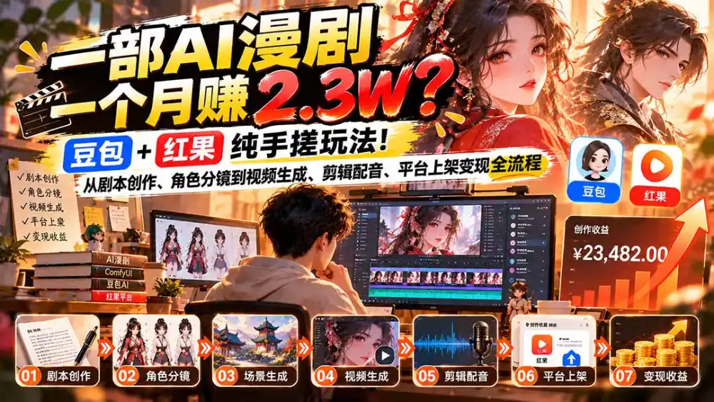 一部AI漫剧一个月赚2.3W？豆包+红果纯手搓玩法！从剧本创作、角色分镜到视频生成、剪辑配音、平台上架变现全流程-星云网创