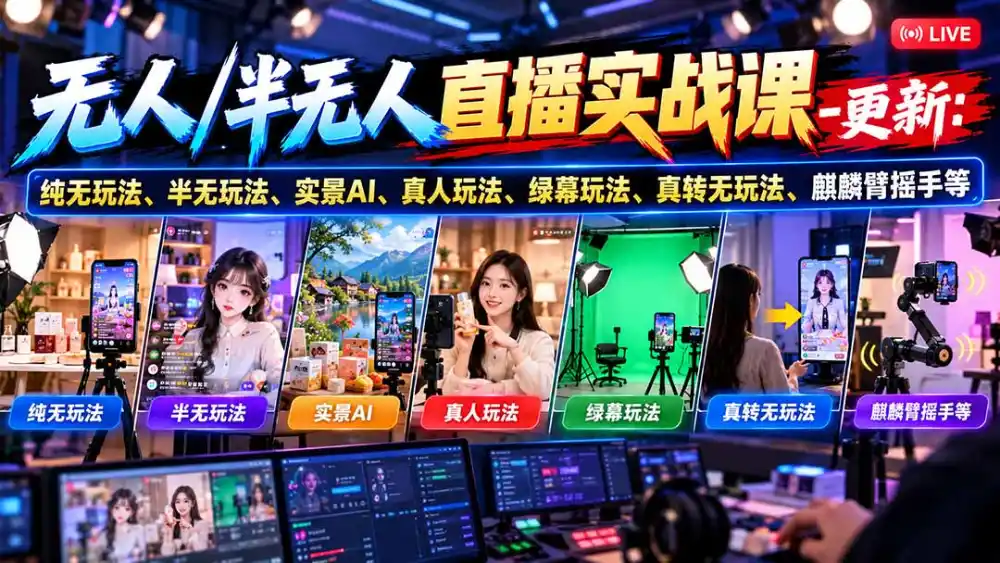 无人/半无人直播实战课-10月20更新：纯无玩法、半无玩法、实景AI、真人玩法、绿幕玩法、真转无玩法、麒麟臂摇手等-星云网创