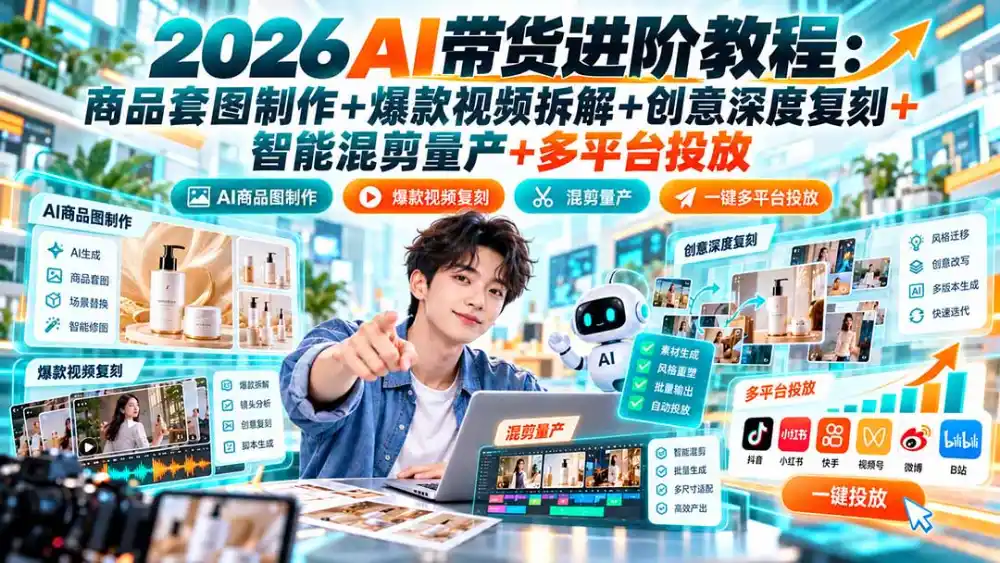 2026AI带货进阶教程：商品套图制作+爆款视频拆解+创意深度复刻+智能混剪量产+多平台投放-星云网创