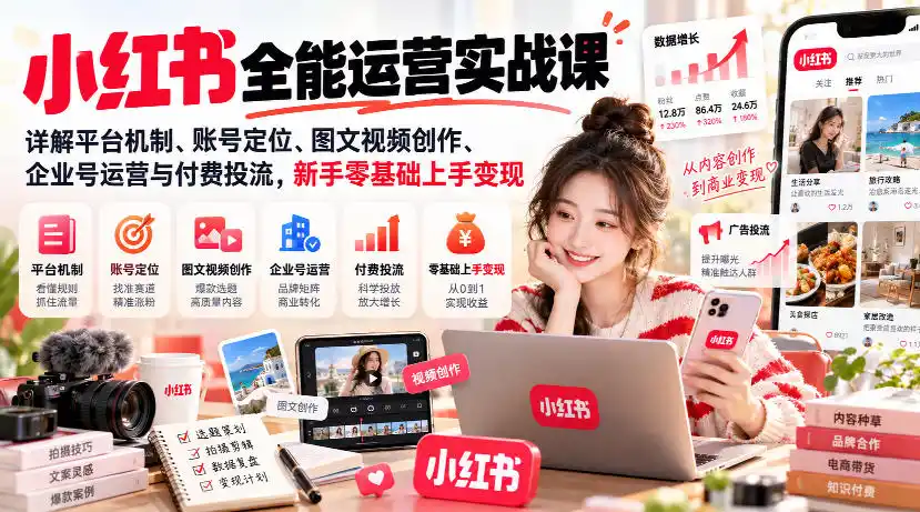 小红书全能运营实战课,详解平台机制、账号定位、图文视频创作、企业号运营与付费投流,新手零基础上手变现-星云网创