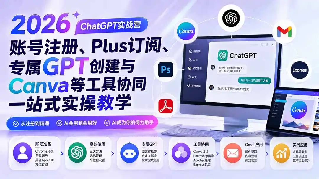 2026 ChatGPT实战营；账号注册、Plus订阅、专属GPT创建与Canva等工具协同一站式实操教学-星云网创