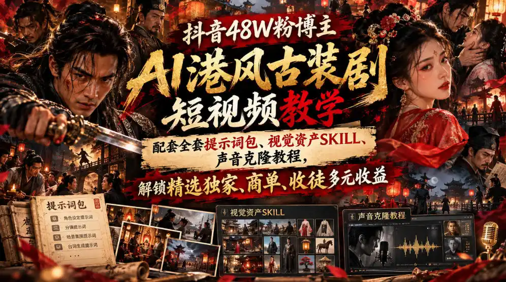 抖音48W粉博主AI港风古装剧短视频教学，配套全套提示词包、视觉资产SKILL、声音克隆教程，解锁精选独家、商单、收徒多元收益-星云网创