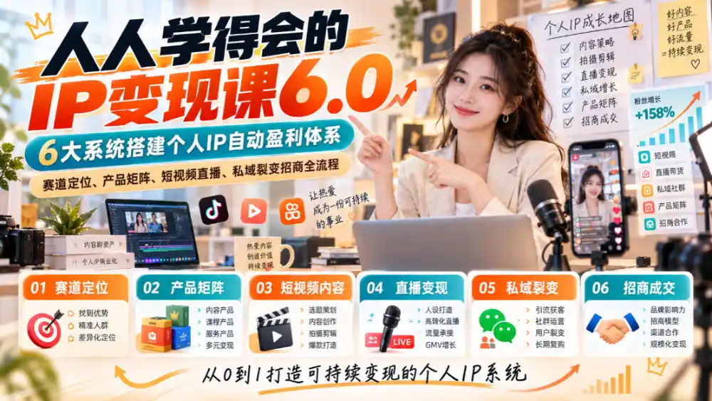 人人学得会的IP变现课6.0,6大系统搭建个人IP自动盈利体系,赛道定位、产品矩阵、短视频直播、私域裂变招商全流程-星云网创