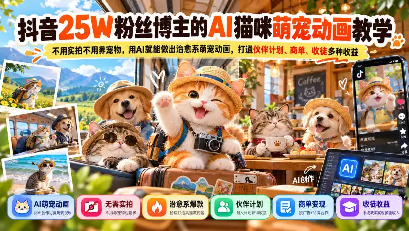 抖音25W粉丝博主的AI猫咪萌宠动画教学，不用实拍不用养宠物，用AI就能做出治愈系萌宠动画，打通伙伴计划、商单、收徒多种收益-星云网创