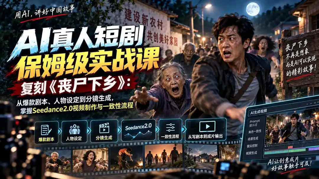 AI真人短剧保姆级实战课，复刻《丧尸下乡》：从爆款剧本、人物设定到分镜生成，掌握Seedance2.0视频制作与一致性流程-星云网创