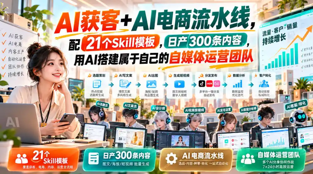 AI获客+AI电商流水线，配21个Skill模板，日产300条内容，用AI搭建属于自己的自媒体运营团队-星云网创