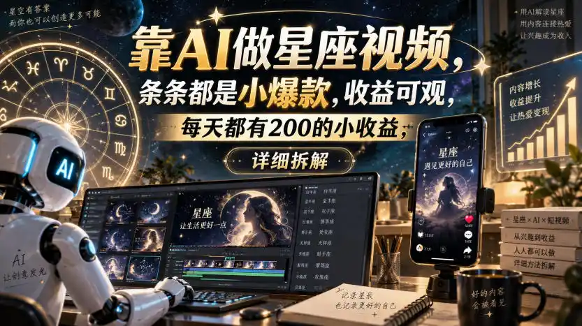 靠AI做星座视频，条条都是小爆款，收益可观，每天都有200的小收益，详细拆解-星云网创
