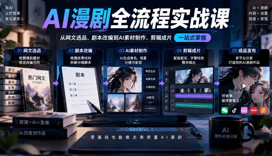 AI漫剧全流程实战课，覆盖从网文选品、剧本改编到AI素材制作、剪辑成片的完整链路-星云网创