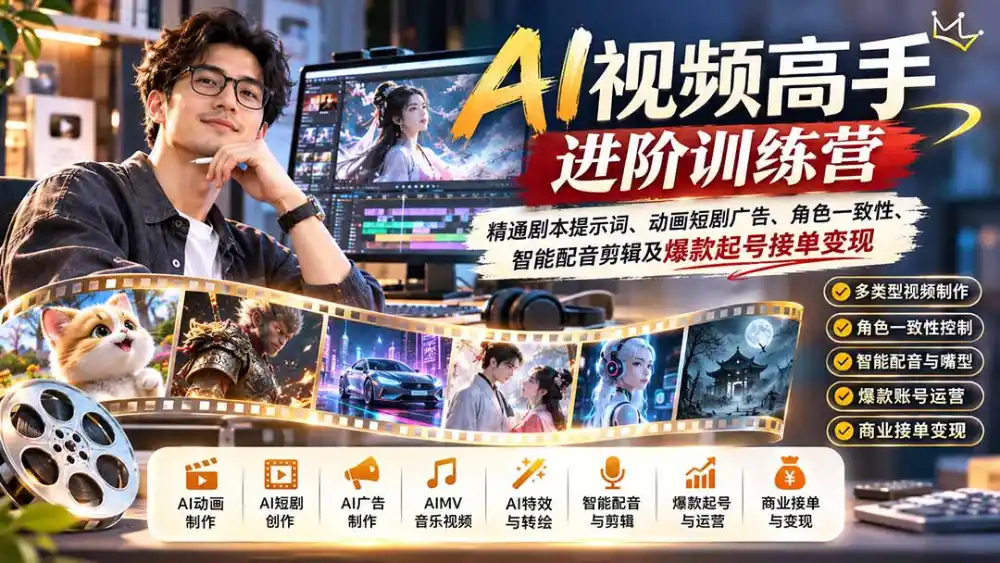 AI视频高手进阶训练营：精通剧本提示词、动画短剧广告、角色一致性、智能配音剪辑及爆款起号接单变现-星云网创