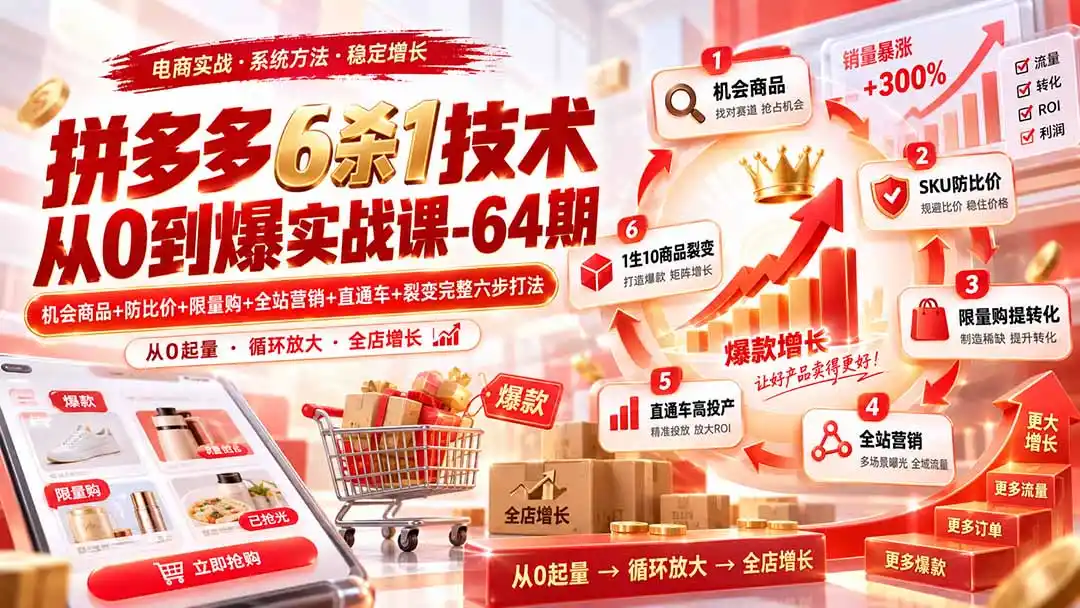 拼多多6杀1技术从0到爆实战课-64期：机会商品+防比价+限量购+全站营销+直通车+裂变完整六步打法-星云网创