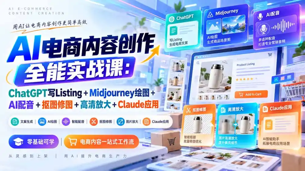 【无水印】AI电商内容创作全能实战课:ChatGPT写Listing+Midjourney绘图+AI配音+抠图修图+高清放大+Claude应用-星云网创