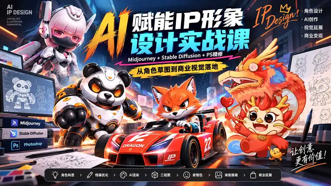AI赋能IP形象设计实战课-无水印：Midjourney+Stable Diffusion+PS精修，从角色草图到商业视觉落地-星云网创