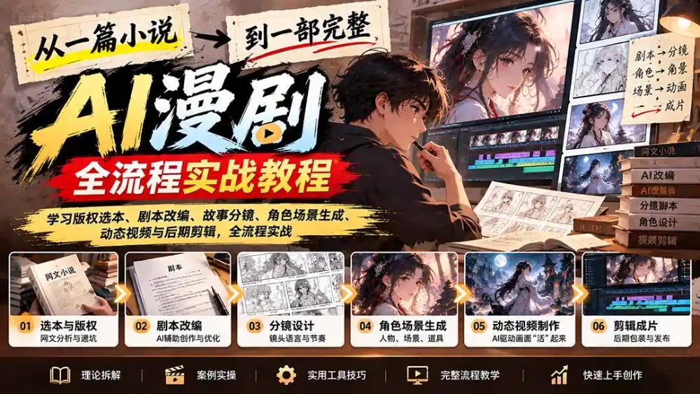 从一篇小说到一部完整AI漫剧：学习版权选本、剧本改编、故事分镜、角色场景生成、动态视频与后期剪辑-星云网创