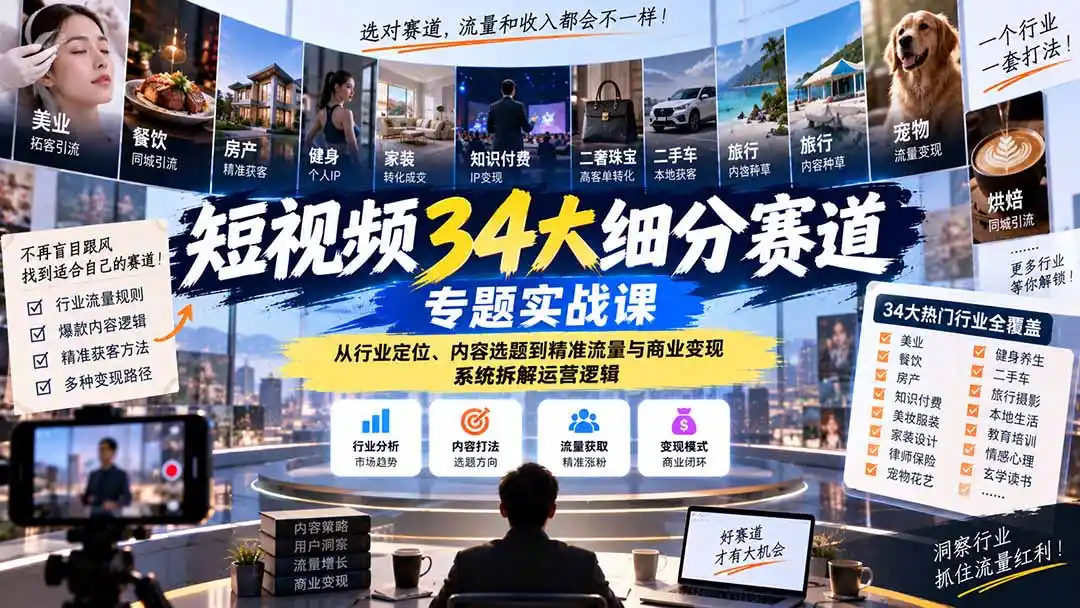 短视频34大细分赛道专题实战课：从行业定位、内容选题到精准流量与商业变现，系统拆解运营逻辑-星云网创
