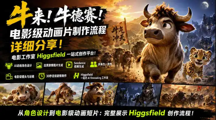 牛来！牛德赛！电影级动画片制作流程详细分享！电影工作室Higgsfield一站式创作平台，完整创作流程-星云网创