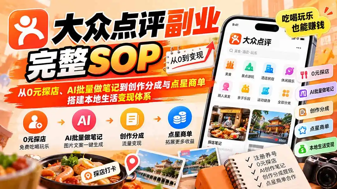 【无水印】大众点评副业完整SOP：从0元探店、AI批量做笔记到创作分成与点星商单，搭建本地生活变现体系-星云网创