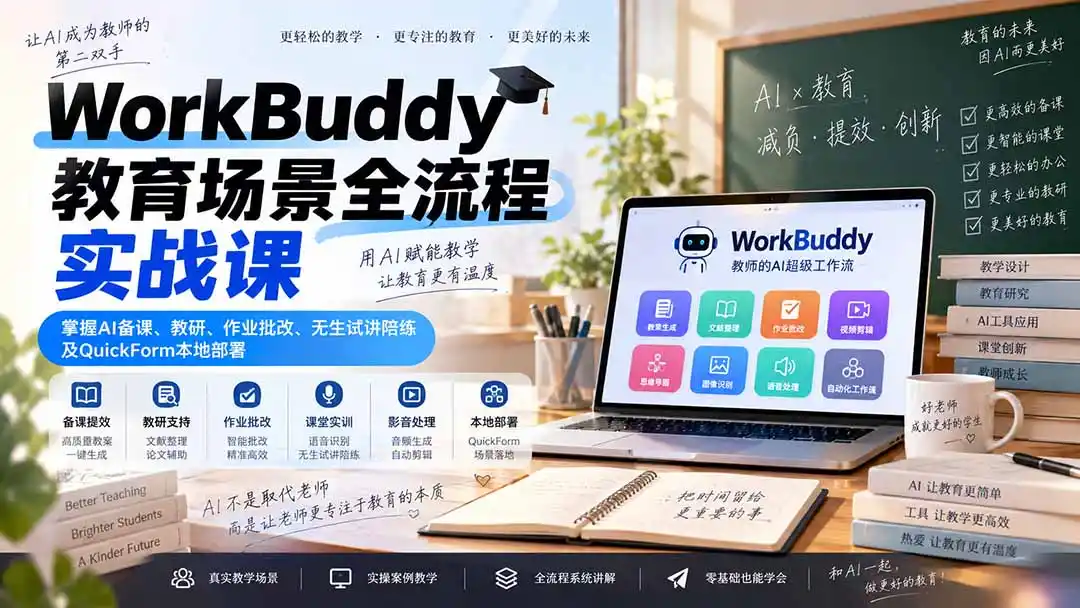 WorkBuddy教育场景全流程实战课：掌握AI备课、教研、作业批改、无生试讲陪练及QuickForm本地部署-星云网创