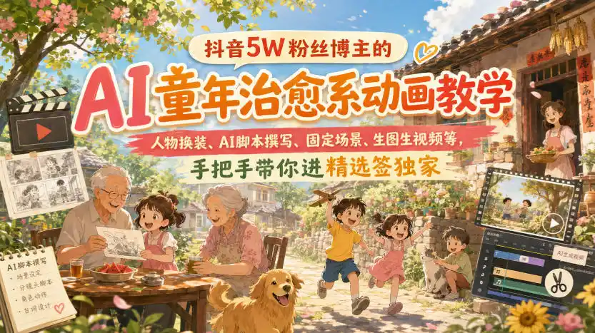 抖音5W粉丝博主的AI童年治愈系动画教学，人物换装、AI脚本撰写、固定场景、生图生视频等，手把手带你进精选签独家-星云网创