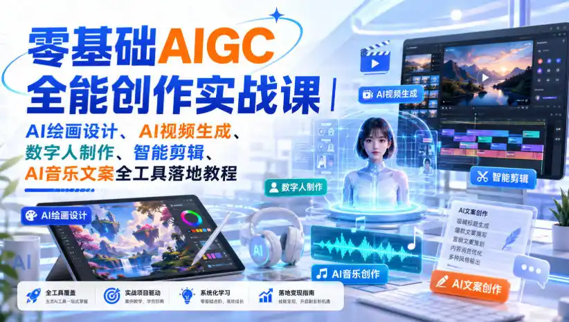 零基础AIGC全能创作实战课|AI绘画设计、AI视频生成、数字人制作、智能剪辑、AI音乐文案全工具落地教程-星云网创
