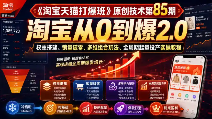 《淘宝天猫打爆班》原创技术第85期，淘宝从0到爆2.0，权重搭建、销量破零、多维组合玩法、全周期起量投产实操教程-星云网创