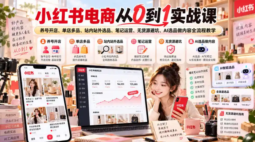 小红书电商从0到1实战课|养号开店、单店多品、站内站外选品、笔记运营、无货源避坑、AI选品做内容全流程教学-星云网创