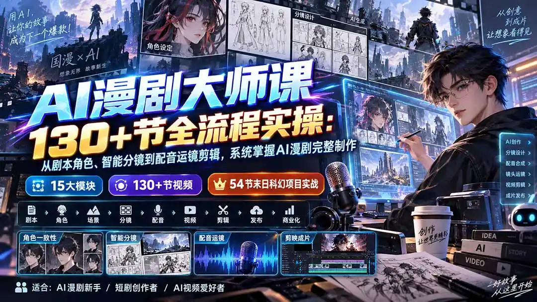 AI漫剧大师课130+节全流程实操：从剧本角色、智能分镜到配音运镜剪辑，系统掌握AI漫剧完整制作-星云网创
