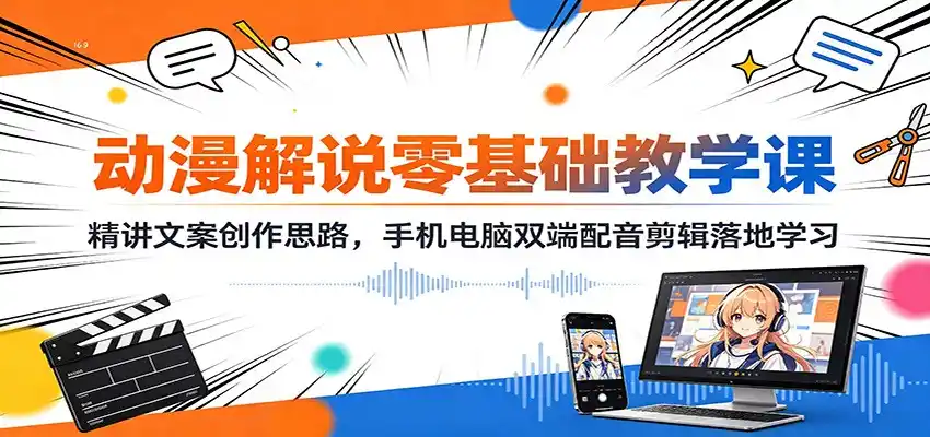 动漫解说零基础教学课：精讲文案创作思路，手机电脑双端配音剪辑落地学习-星云网创