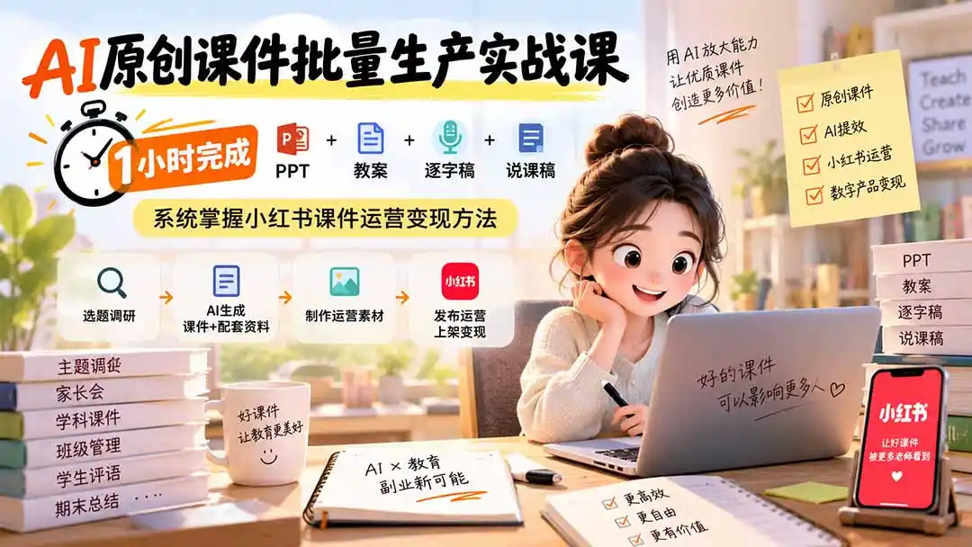AI原创课件批量生产实战课：1小时完成PPT+教案+逐字稿+说课稿，系统掌握小红书课件运营变现方法-星云网创
